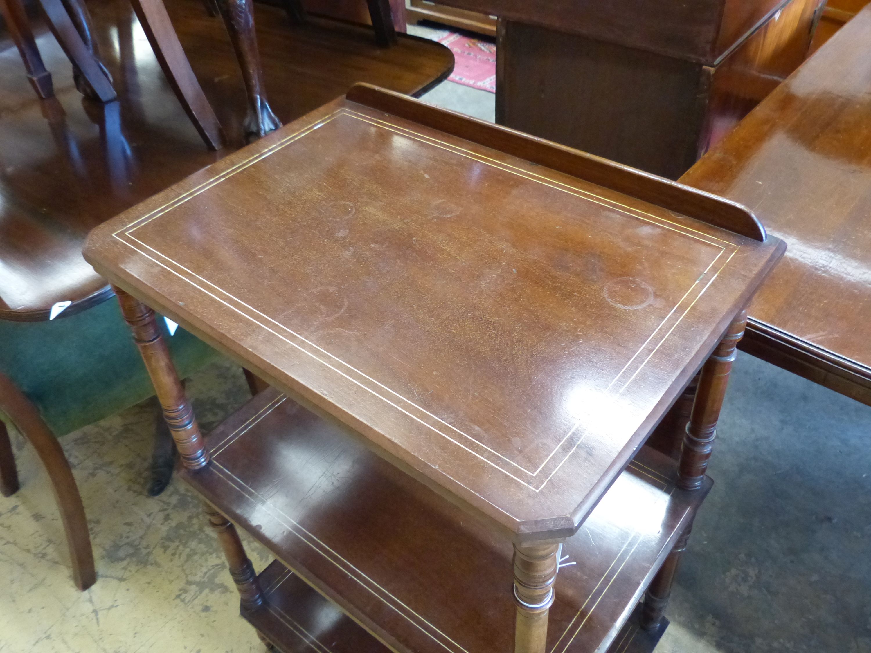 A late Victorian mahogany three tier whatnot, width 58cm, depth 41cm, height 90cm
